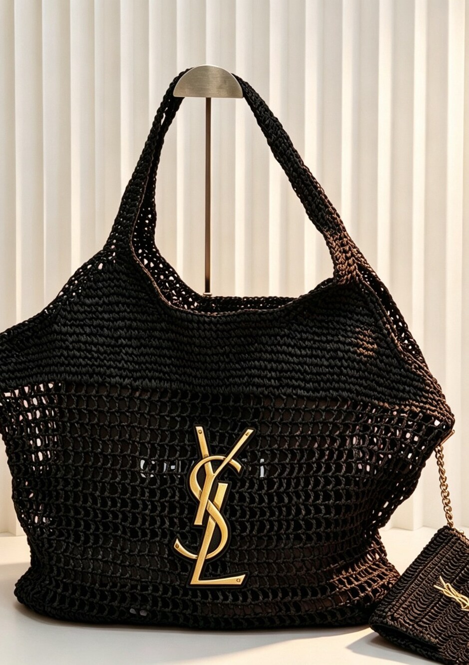 🖤 YSL Black Woven Raffia Tote Bag with Matching Mini Pouch